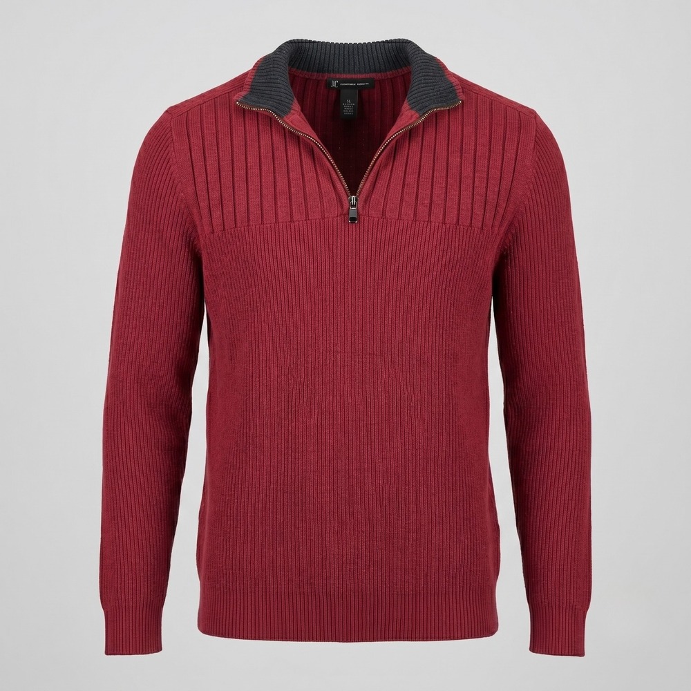 INC Mens XL Burgundy Sweater Quarter Zip Ribbed Knit Cotton Blend Pullover‎